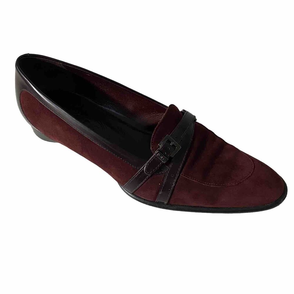 TOD's Loafer Round Toe Burgundy Red Suede Buckle Leather Strap 0.75" Heel 38.5